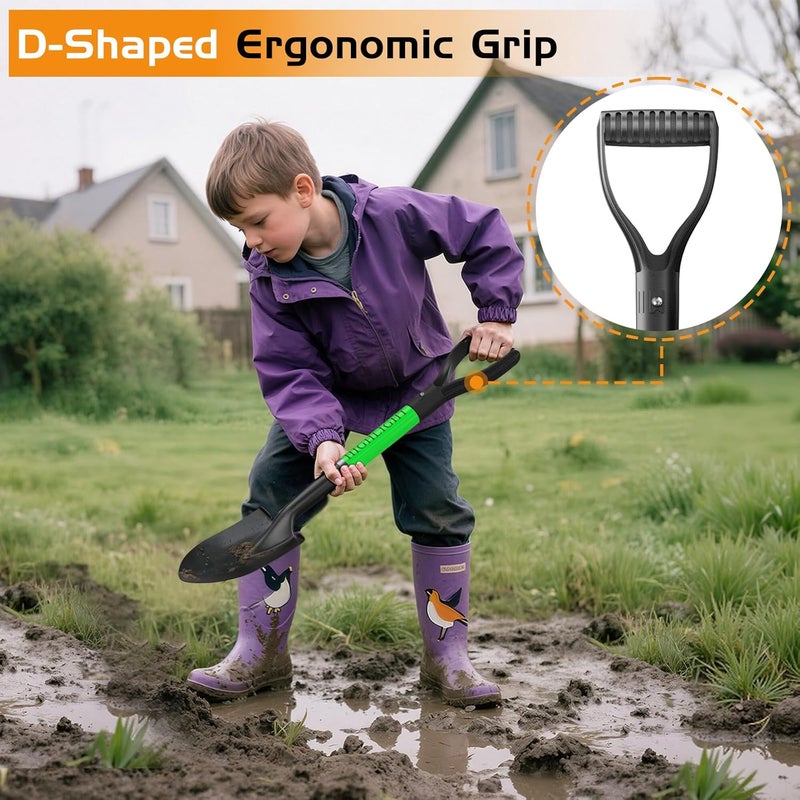 Highlight Kids Shovel, Small Shovels for Digging, Overall Length 28 Inches, Mini D Handle, Gardening Shovel, Metal Beach Shovel, Camping, Snow, Fiberglass Handle, Green - Image 3